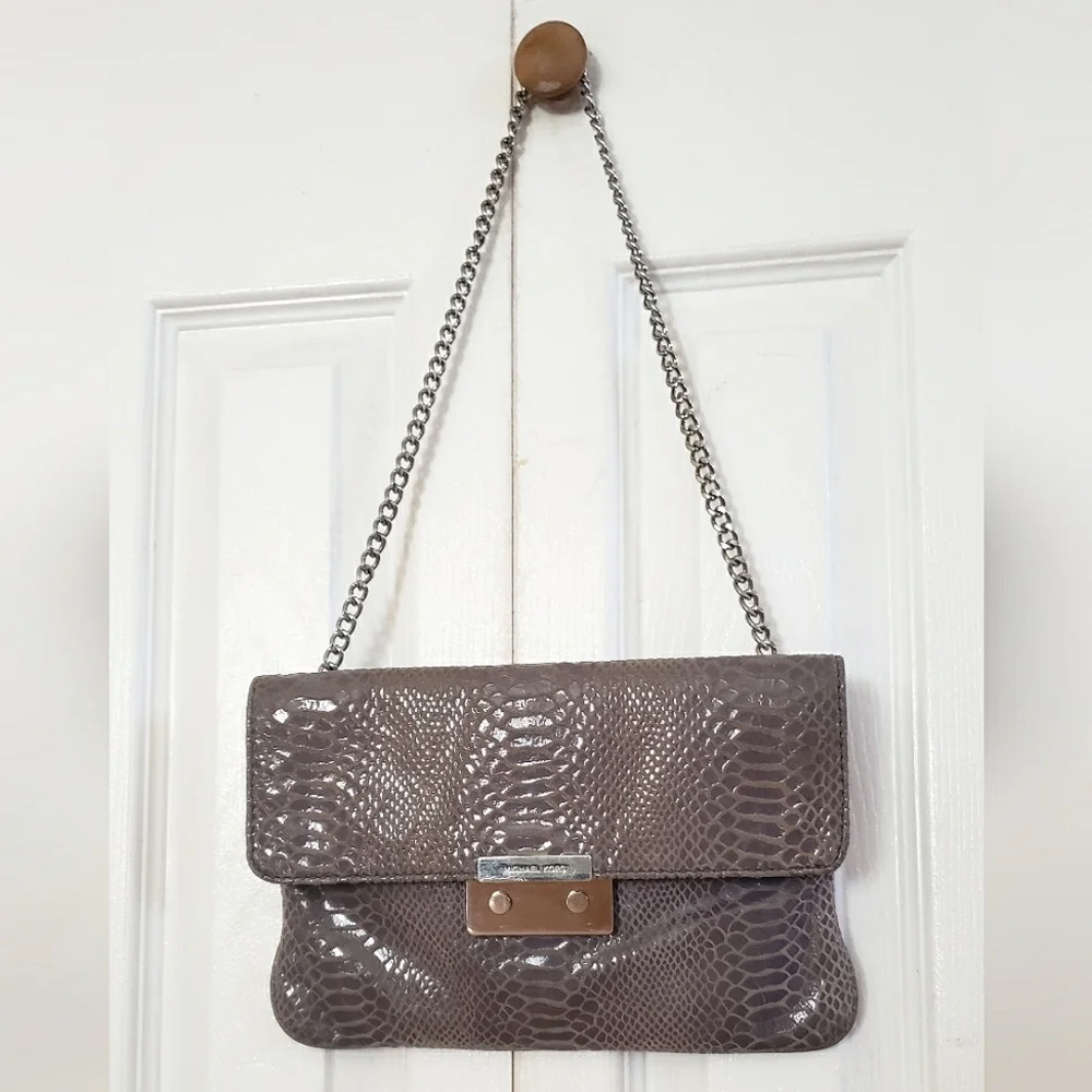 Michael Kors Sloan Angora Snake Emboss Leather Clutch Chain Strap Shoulder Bag